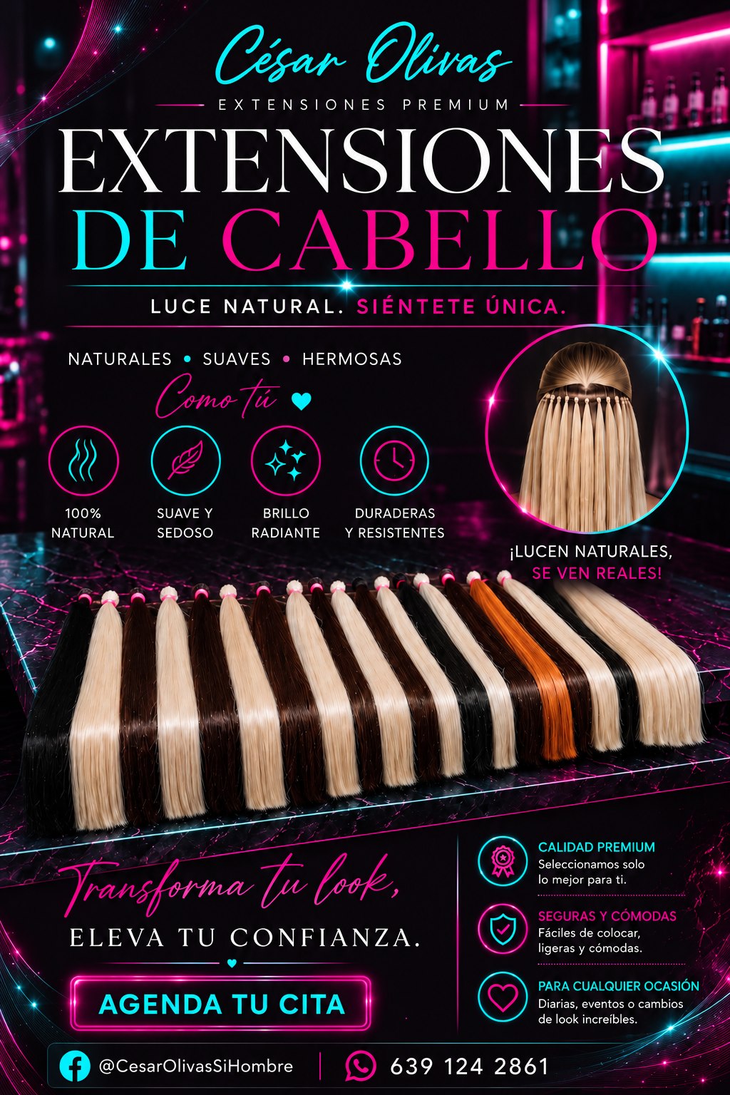 Cartel promocional de extensiones de cabello César Olivas, con tonos y consulta por WhatsApp al 639 124 2861