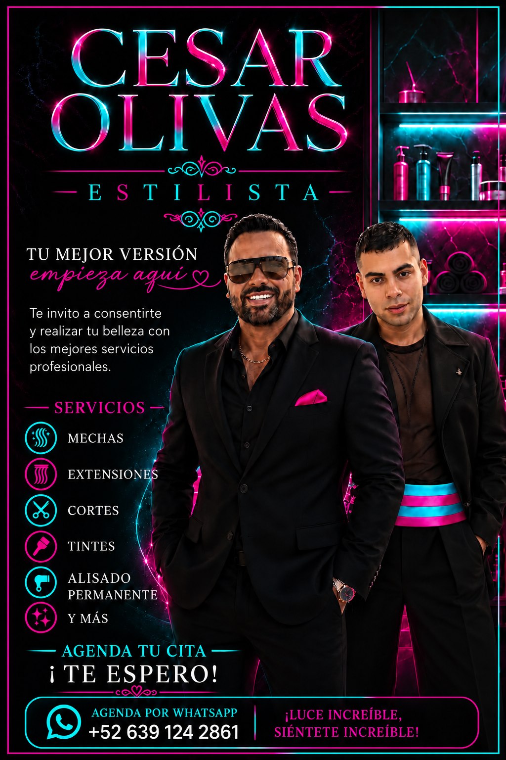 Cartel de César Olivas Estilista: mechas, extensiones, cortes, tintes y alisado permanente. Citas al 639 124 2861