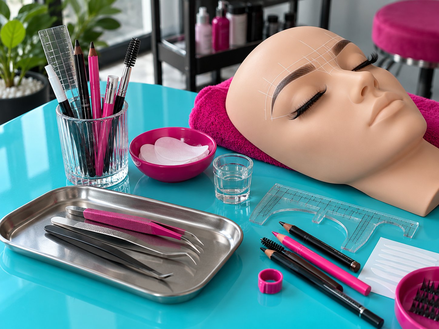 Imagen ilustrativa de herramientas de cejas y pestañas en cian y magenta