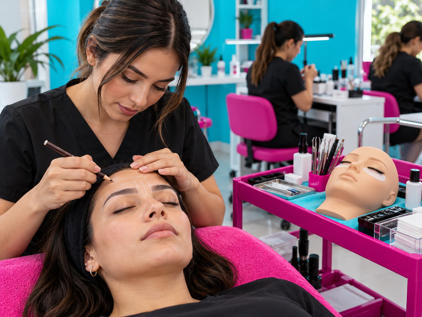 Escena ilustrativa de aprendizaje de cejas y pestañas en un espacio cian y magenta