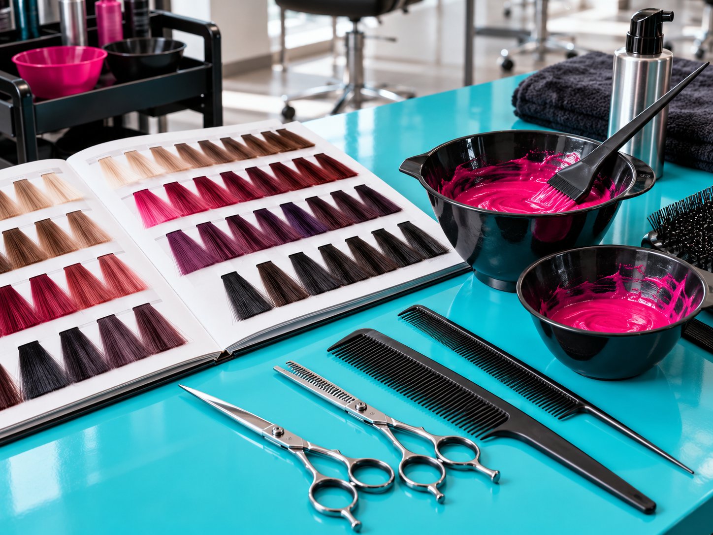 Imagen ilustrativa de herramientas de color y corte en cian y magenta