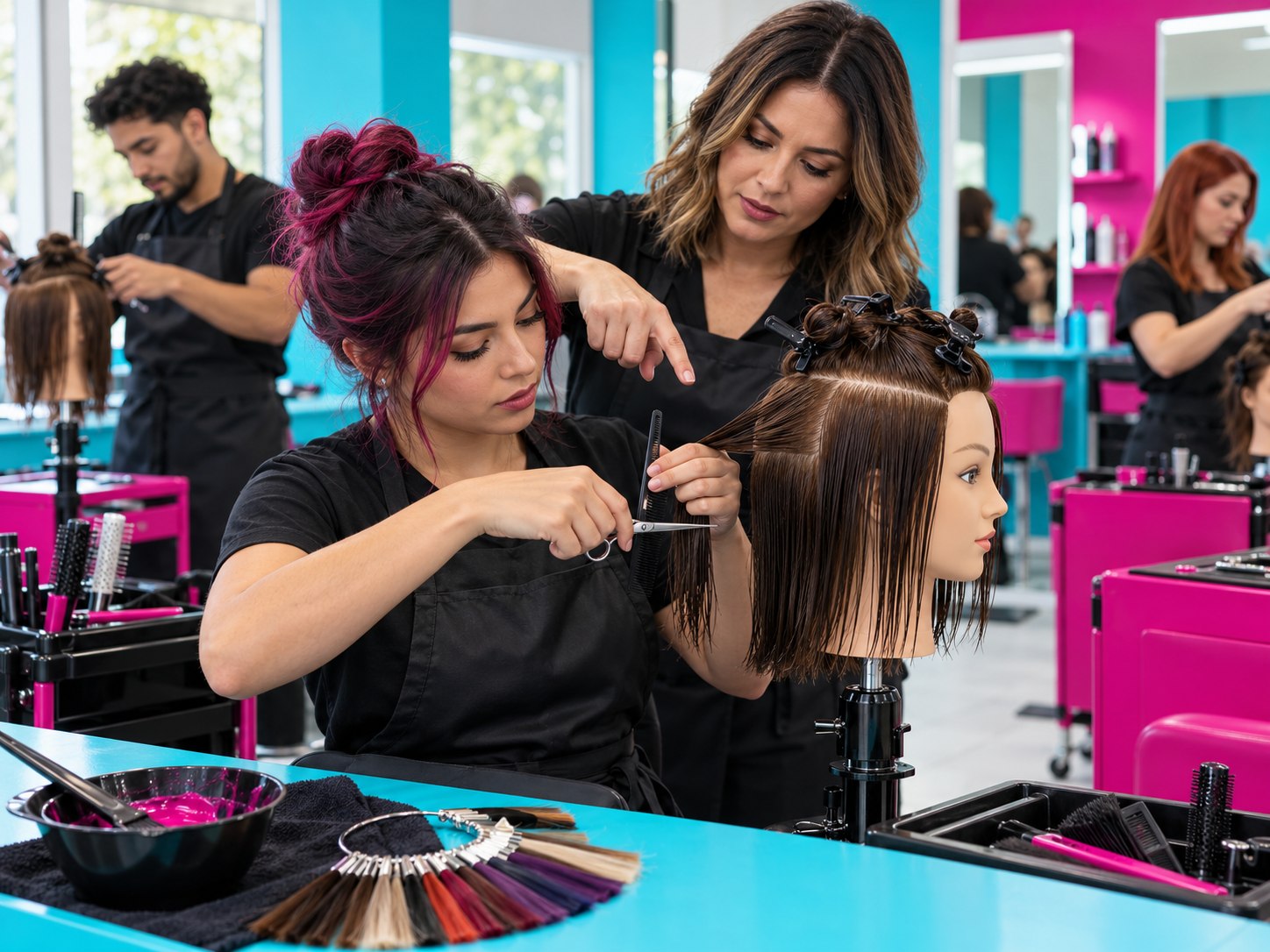 Escena ilustrativa de aprendizaje de color y corte en un espacio cian y magenta