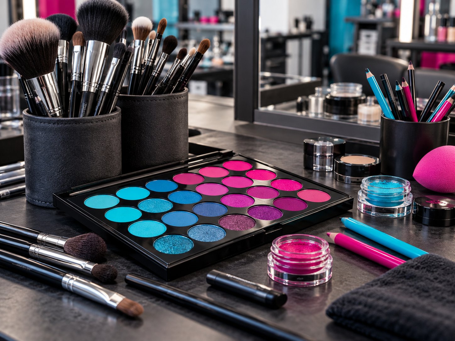 Imagen ilustrativa de brochas y materiales de maquillaje en cian y magenta