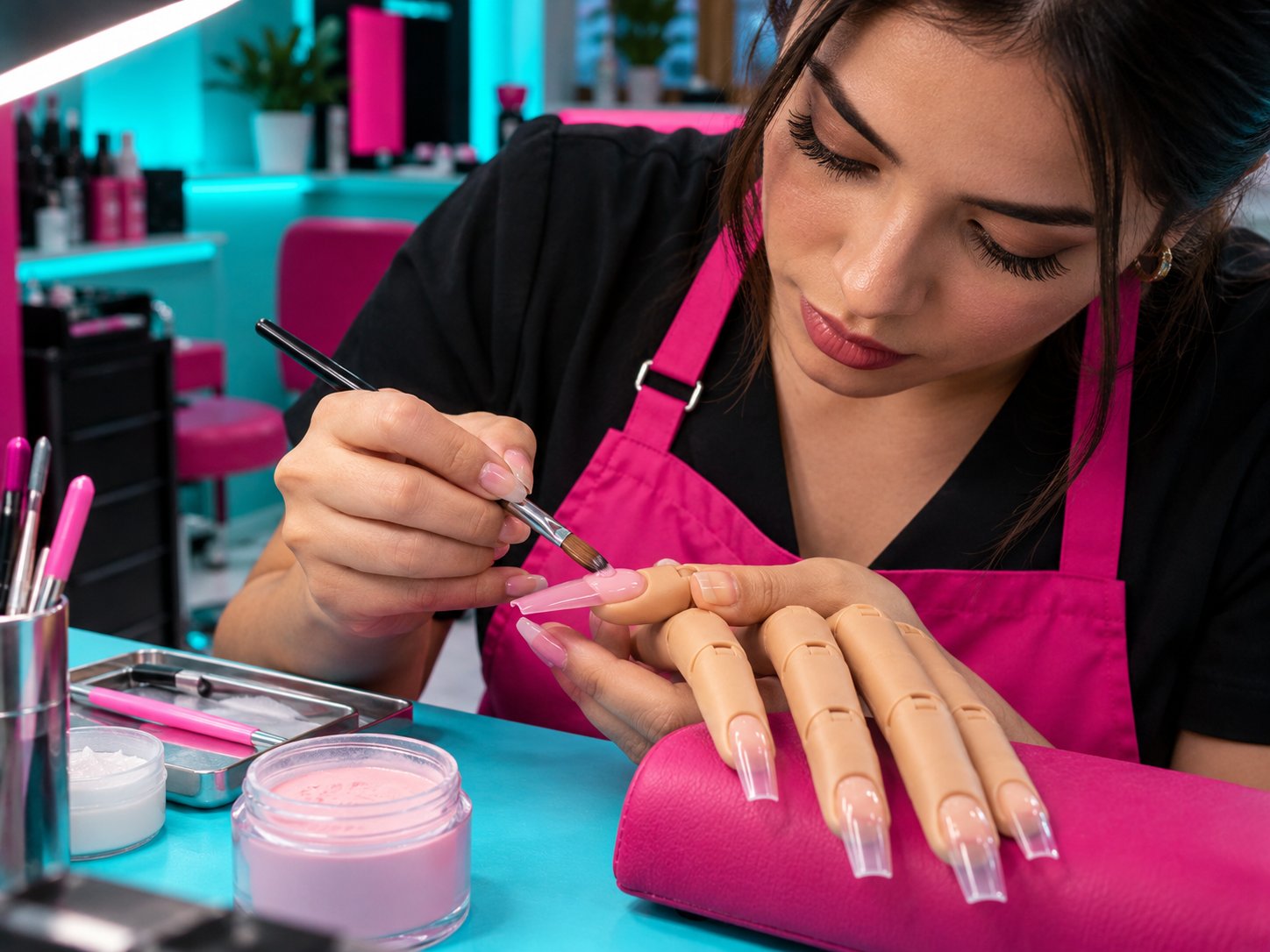 Imagen ilustrativa de detalle de técnica de uñas acrílicas con identidad cian y magenta
