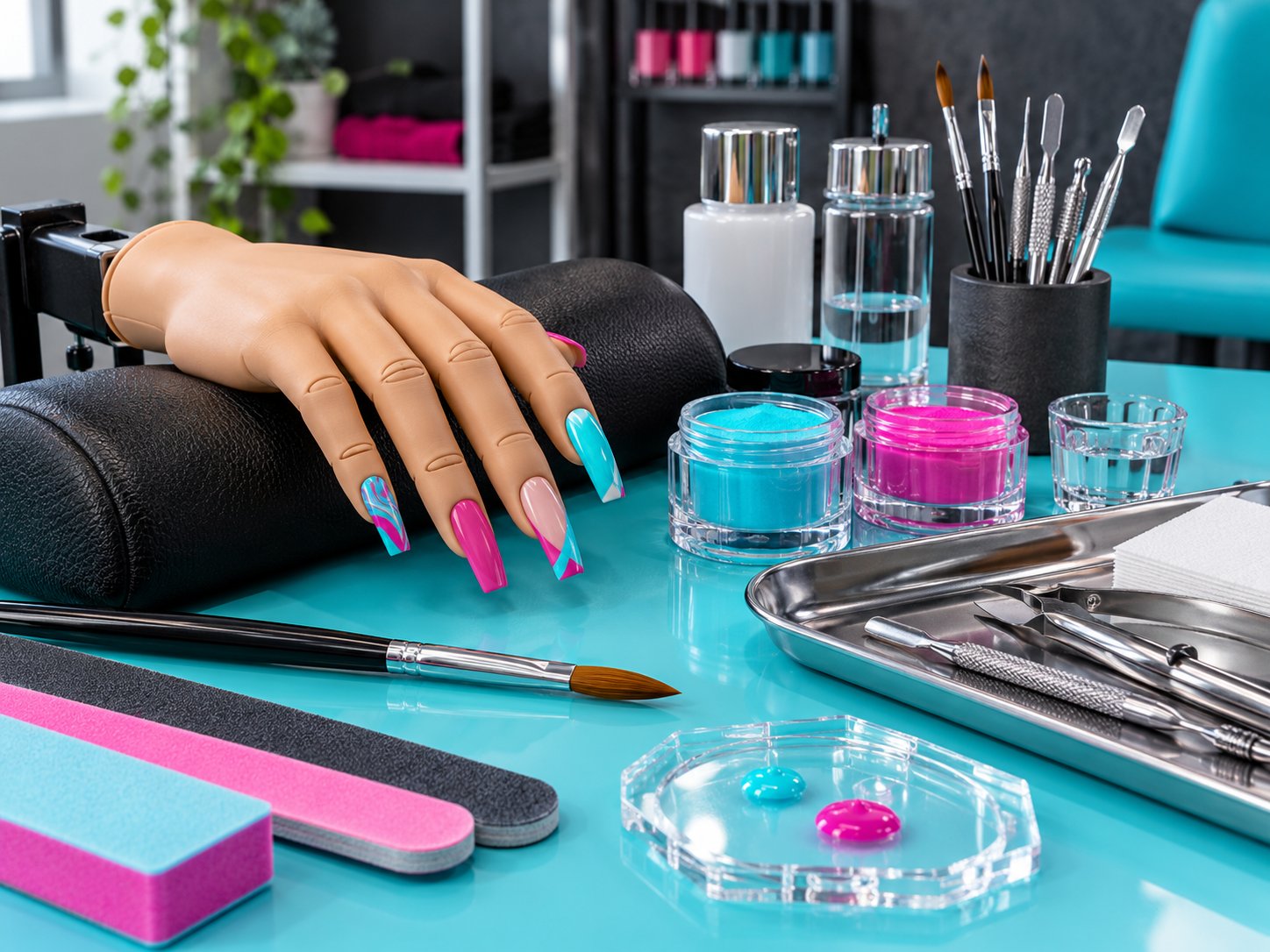 Imagen ilustrativa de herramientas y materiales para uñas en cian y magenta